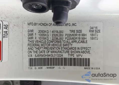 2016 Honda Cr-V Touring из США, поврежденный, VIN 5J6RM3H94GL013224